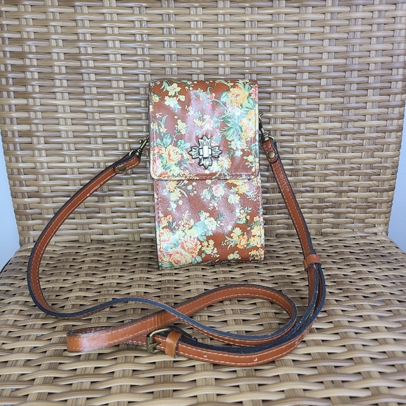 Patricia Nash Canicella Bag Phone Crossbody Leather Brown Yellow Botanical … - Picture 1 of 13